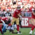 Aug 13, 2026; Santa Clara, California, USA; San Francisco 49ers quarterback Kurtis Rourke (14) throws a pass to San Francisco 49ers wide receiver De'zhaun Stribling (15) during a game against the Tennessee Titans in the first quarter at Levi's Stadium.