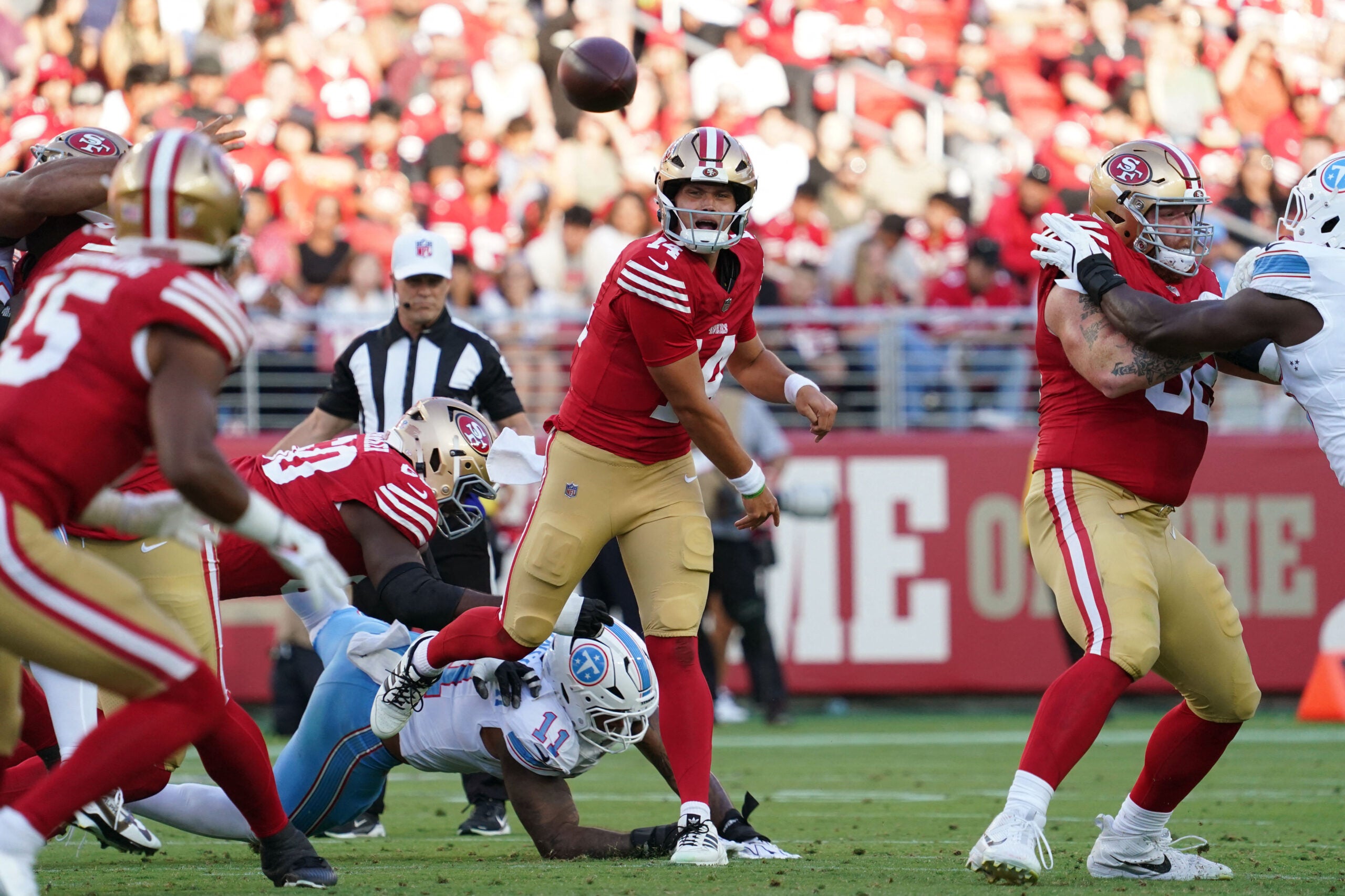 Aug 13, 2026; Santa Clara, California, USA; San Francisco 49ers quarterback Kurtis Rourke (14) throws a pass to San Francisco 49ers wide receiver De'zhaun Stribling (15) during a game against the Tennessee Titans in the first quarter at Levi's Stadium.