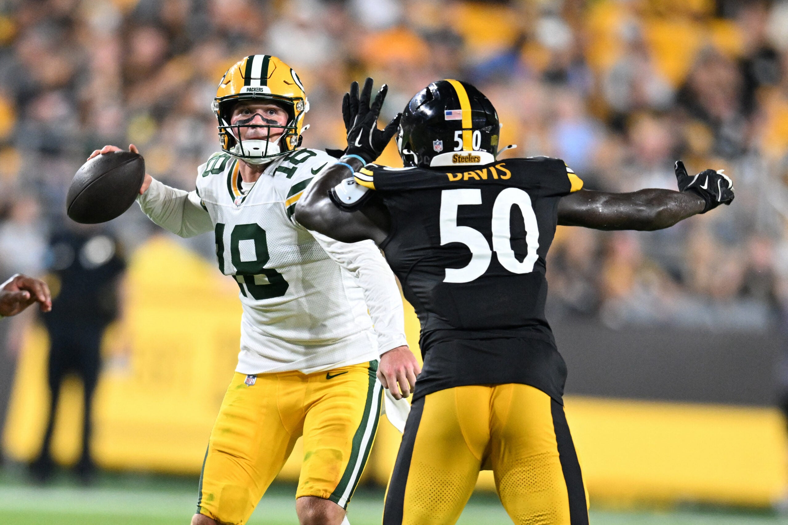 Aug 13, 2026; Pittsburgh, Pennsylvania, USA; Pittsburgh Steelers linebacker Jamin Davis (50) pressures Green Bay Packers quarterback Kyle McCord (18) during the second half at Acrisure Stadium.