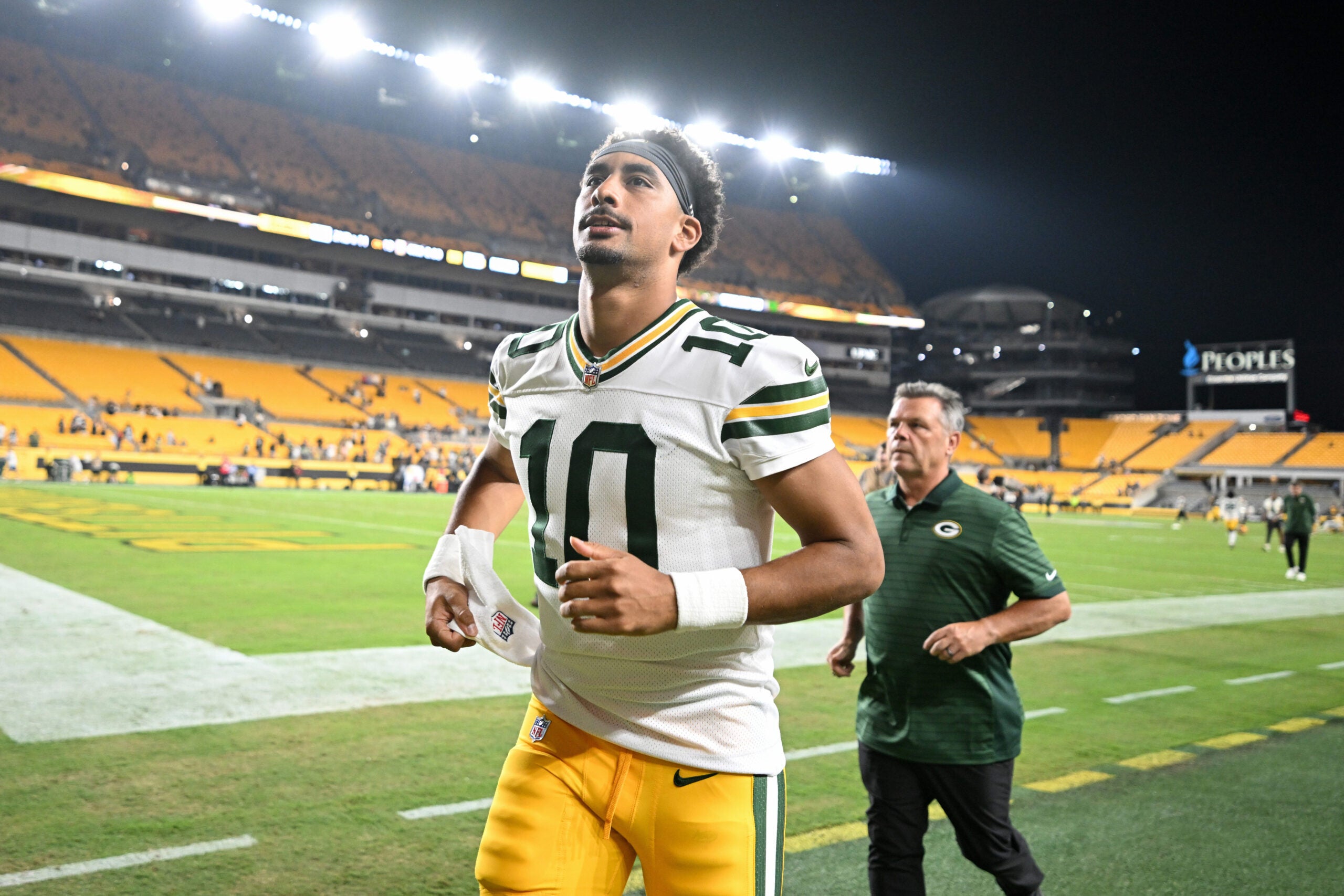 Aug 13, 2026; Pittsburgh, Pennsylvania, USA; Green Bay Packers quarterback Jordan Love (10) leaves the field after playing the Pittsburgh Steelers at Acrisure Stadium.