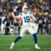 Aug 13, 2026; Foxborough, Massachusetts, USA; Indianapolis Colts quarterback Riley Leonard (15) throws during a preseason game against the New England Patriots at Gillette Stadium.