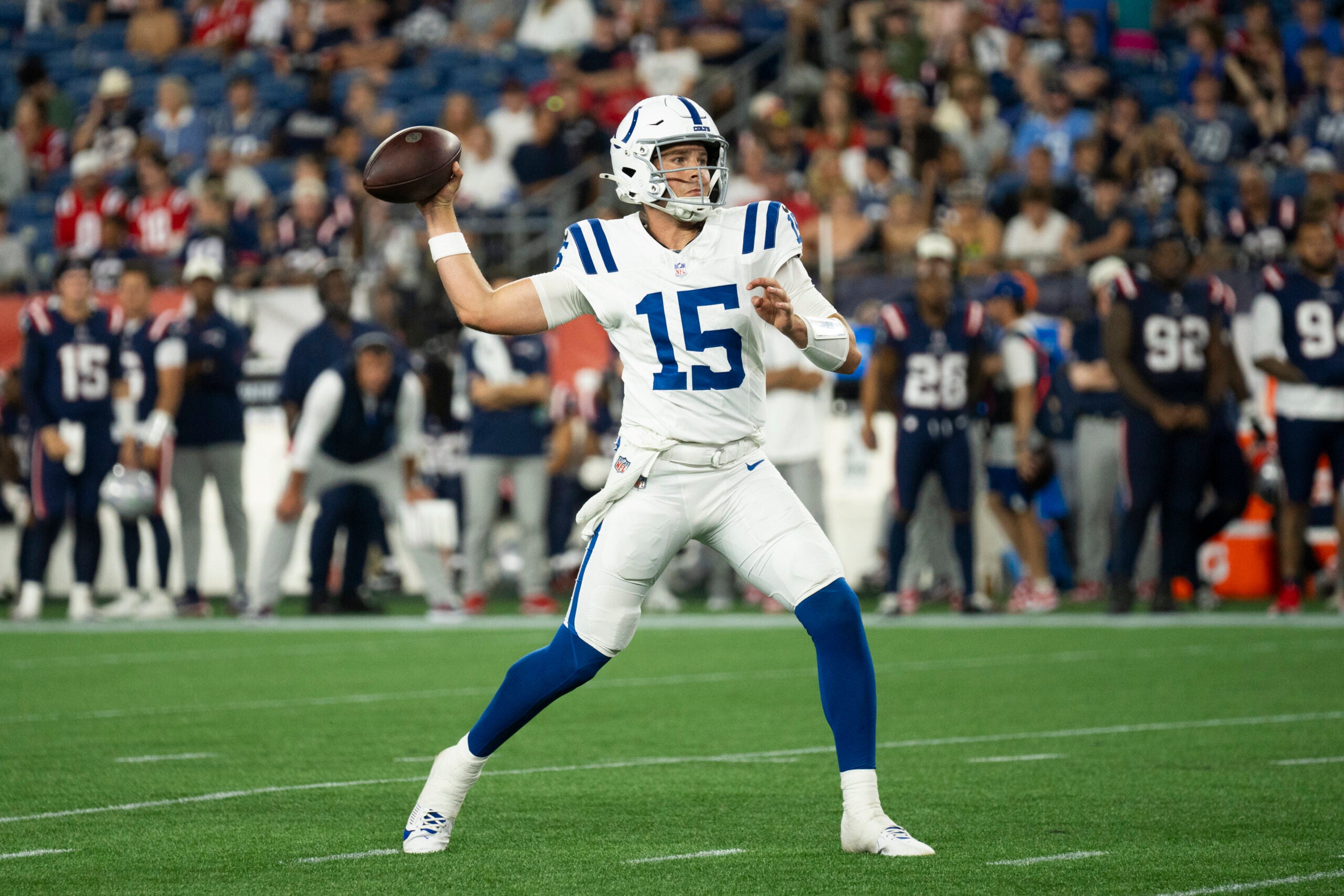 Aug 13, 2026; Foxborough, Massachusetts, USA; Indianapolis Colts quarterback Riley Leonard (15) throws during a preseason game against the New England Patriots at Gillette Stadium.