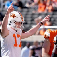 Oklahoma State's Drew Mestemaker celebrates after an OSU touchdown during a spring football game for the Oklahoma State University Cowboys at Boone Pickens Stadium in Stillwater, Okla., Saturday, April 18, 2026.