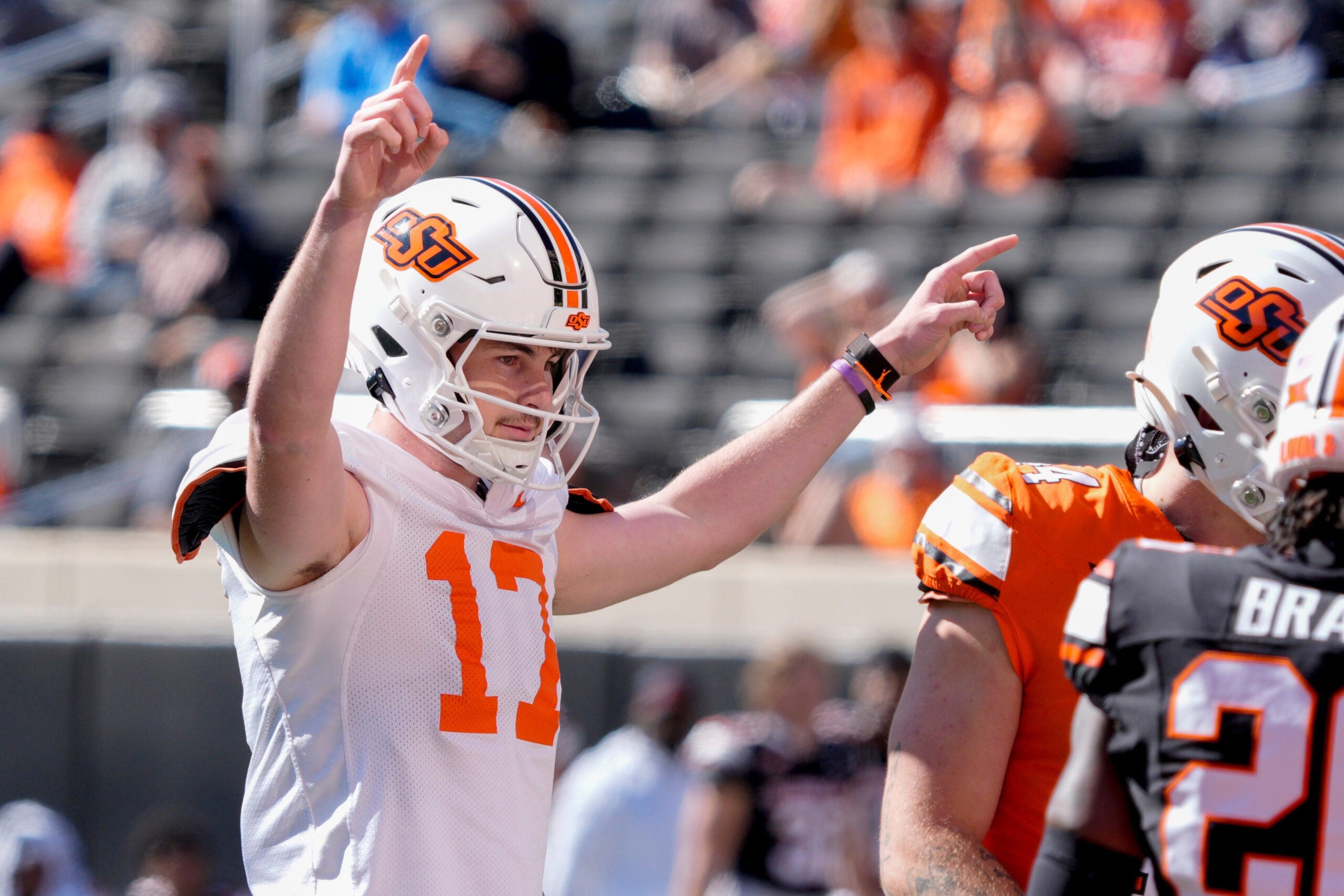 Oklahoma State's Drew Mestemaker celebrates after an OSU touchdown during a spring football game for the Oklahoma State University Cowboys at Boone Pickens Stadium in Stillwater, Okla., Saturday, April 18, 2026.