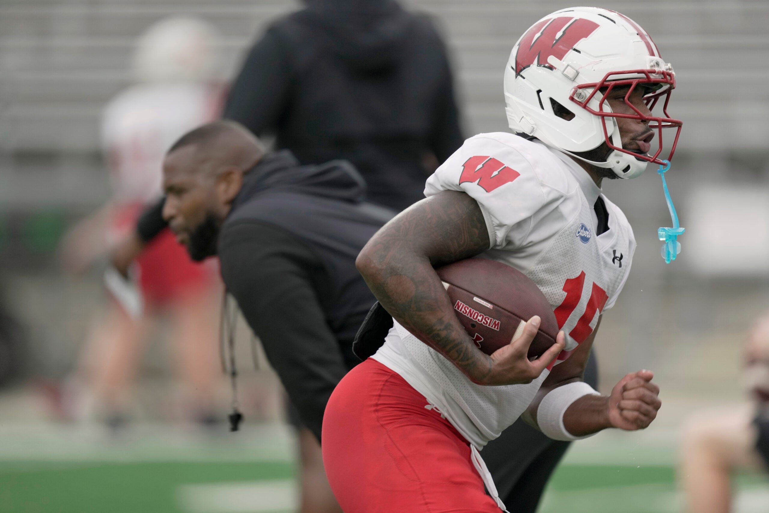 Wisconsin running back Nate Palmer (15) is shown during practice Thursday, August 13, 2026 at Camp Randall Stadium in Madison, Wisconsin.