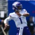 Aug 15, 2026; East Rutherford, New Jersey, USA; Minnesota Vikings quarterback Kyler Murray (1) warms up before a game against the New York Giants at MetLife Stadium.