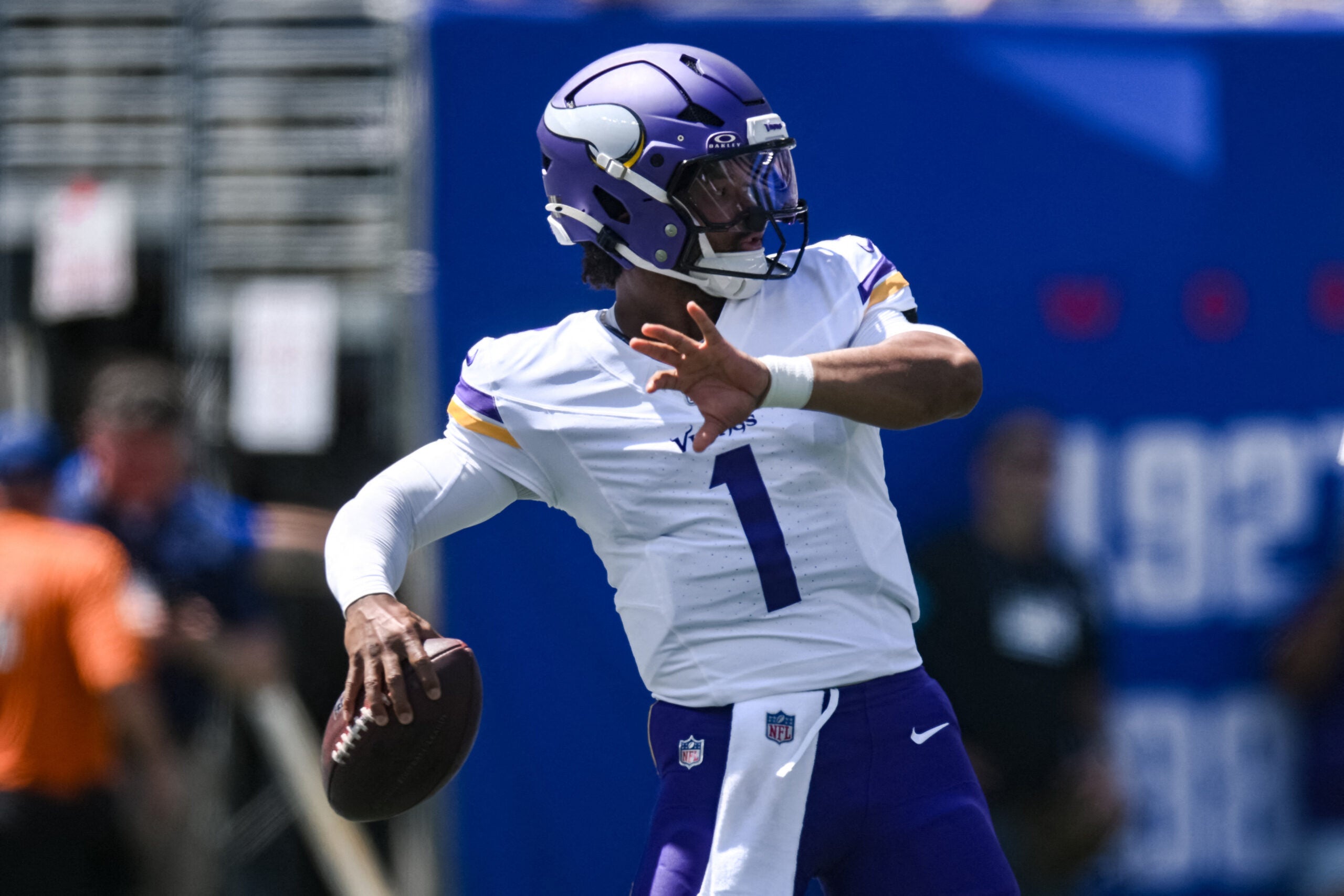 Aug 15, 2026; East Rutherford, New Jersey, USA; Minnesota Vikings quarterback Kyler Murray (1) warms up before a game against the New York Giants at MetLife Stadium.