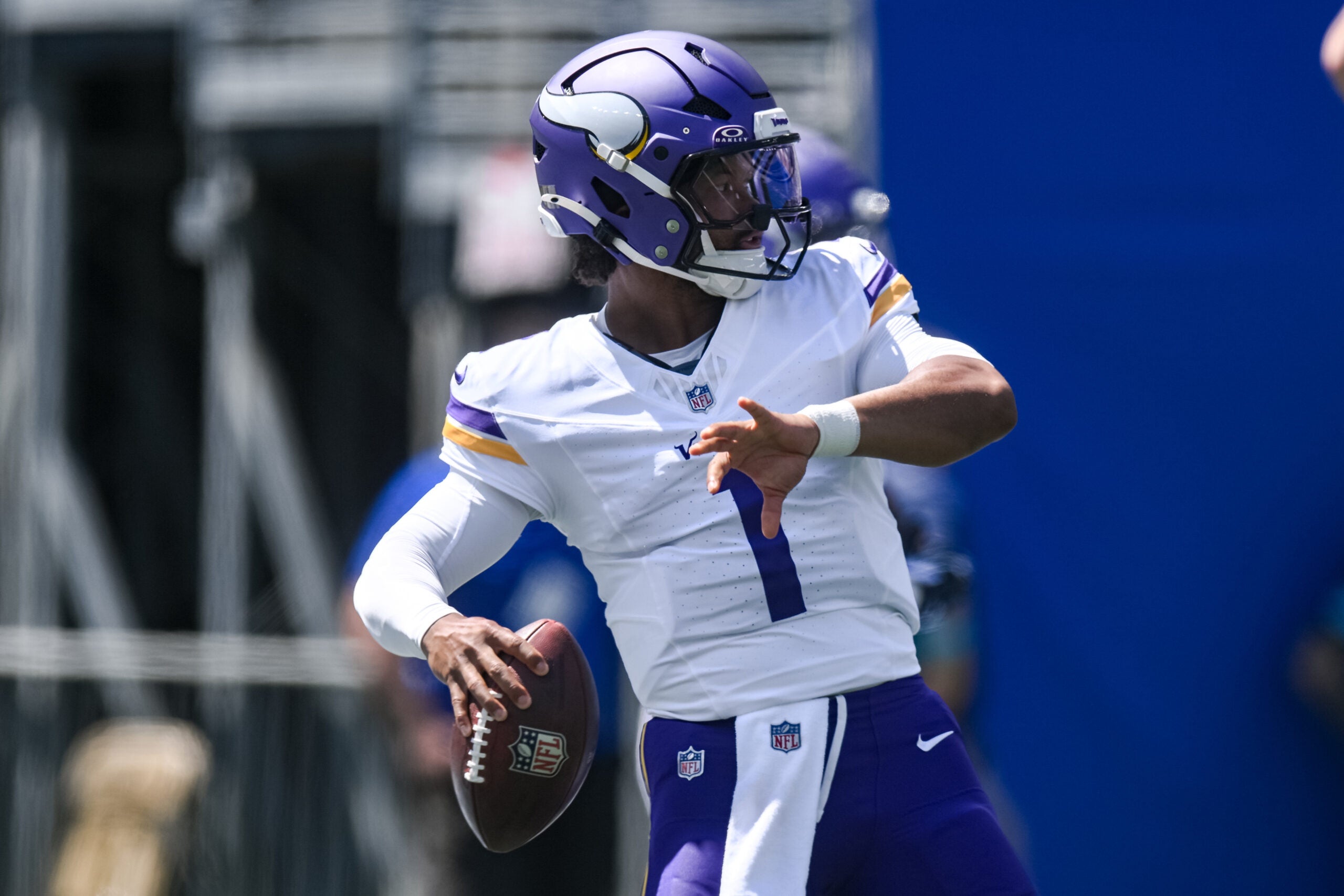 Aug 15, 2026; East Rutherford, New Jersey, USA; Minnesota Vikings quarterback Kyler Murray (1) warms up before a game against the New York Giants at MetLife Stadium.