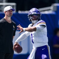 Aug 15, 2026; East Rutherford, New Jersey, USA; Minnesota Vikings quarterback Kyler Murray (1) warms up before a game against the New York Giants at MetLife Stadium.
