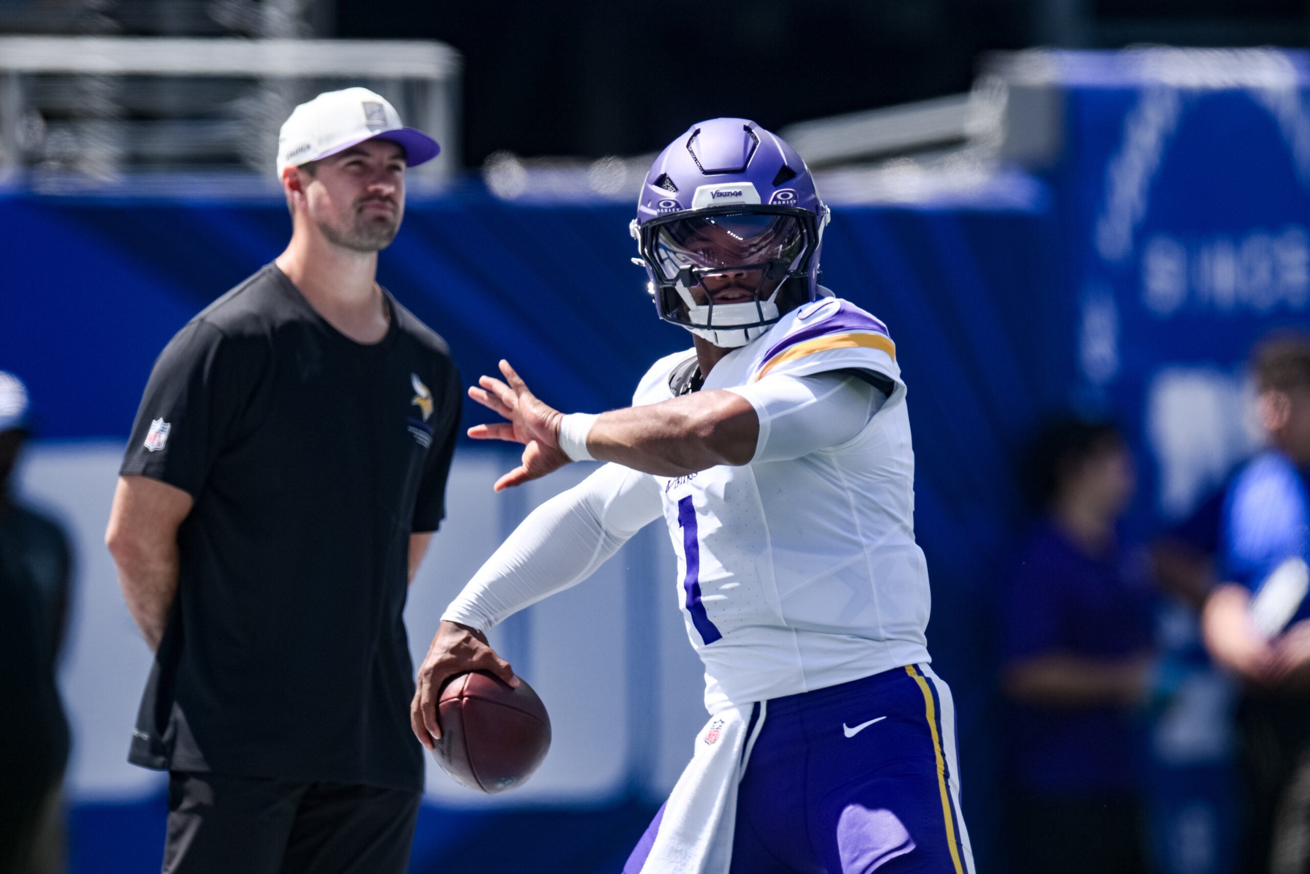 Aug 15, 2026; East Rutherford, New Jersey, USA; Minnesota Vikings quarterback Kyler Murray (1) warms up before a game against the New York Giants at MetLife Stadium.