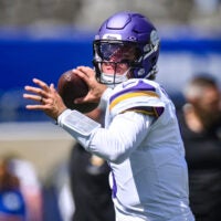 Aug 15, 2026; East Rutherford, New Jersey, USA; Minnesota Vikings quarterback J.J. McCarthy (9) warms up before a game against the New York Giants at MetLife Stadium.