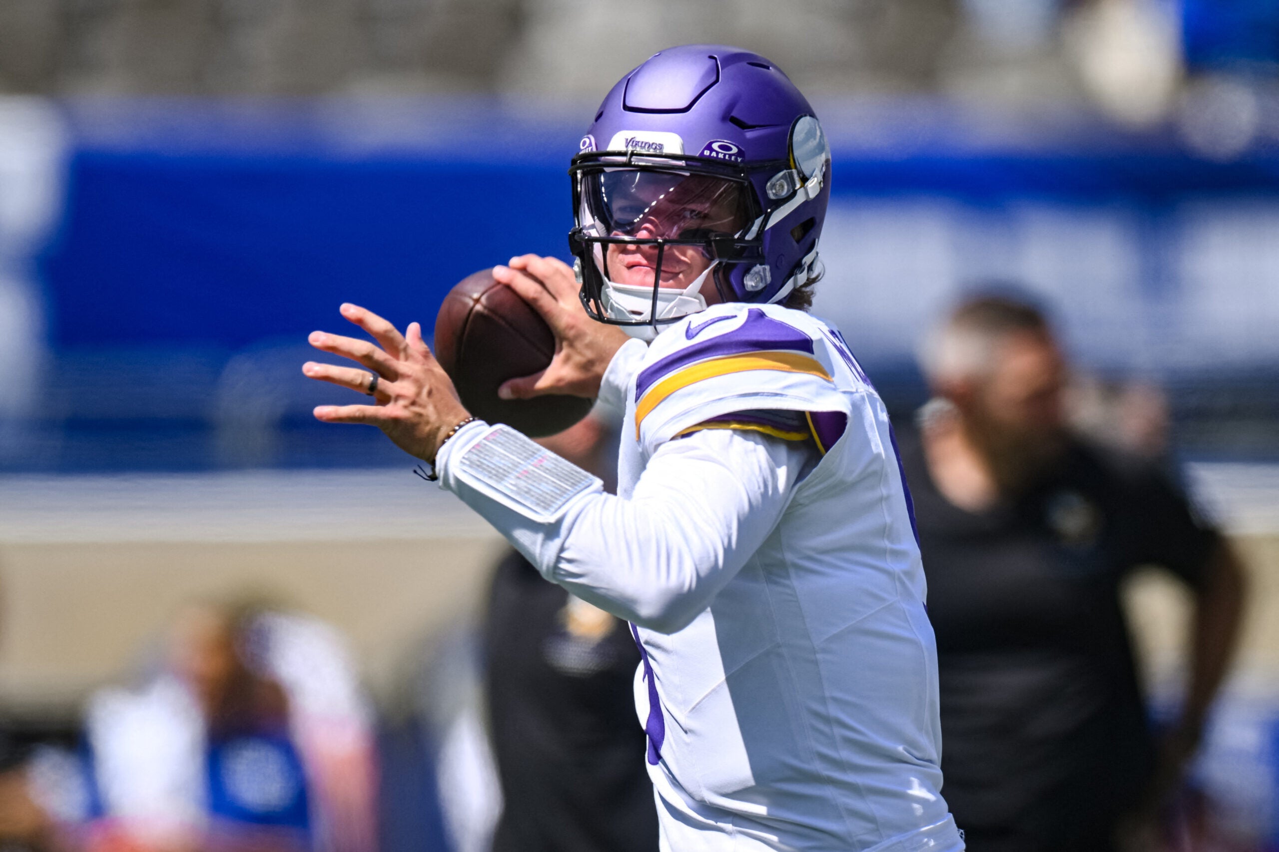 Aug 15, 2026; East Rutherford, New Jersey, USA; Minnesota Vikings quarterback J.J. McCarthy (9) warms up before a game against the New York Giants at MetLife Stadium.