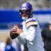 Aug 15, 2026; East Rutherford, New Jersey, USA; Minnesota Vikings quarterback J.J. McCarthy (9) warms up before a game against the New York Giants at MetLife Stadium.