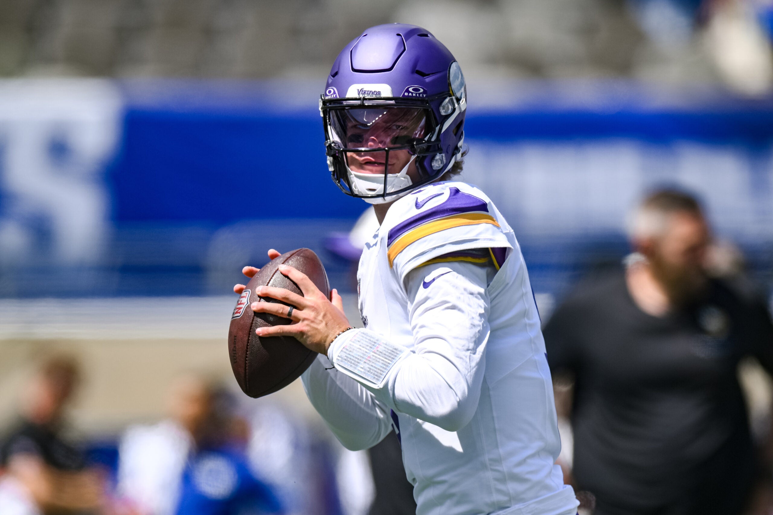 Aug 15, 2026; East Rutherford, New Jersey, USA; Minnesota Vikings quarterback J.J. McCarthy (9) warms up before a game against the New York Giants at MetLife Stadium.