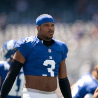 New York Giants linebacker Abdul Carter (3) warms up during a preseason opening game between the New York Giants and Minnesota Vikings on Saturday, Aug. 15, 2026, at MetLife Stadium in East Rutherford, NJ.
