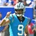 Aug 15, 2026; Orchard Park, New York, USA; Carolina Panthers quarterback Bryce Young (9) warms up before a pre-season game against the Buffalo Bills at the New Highmark Stadium.