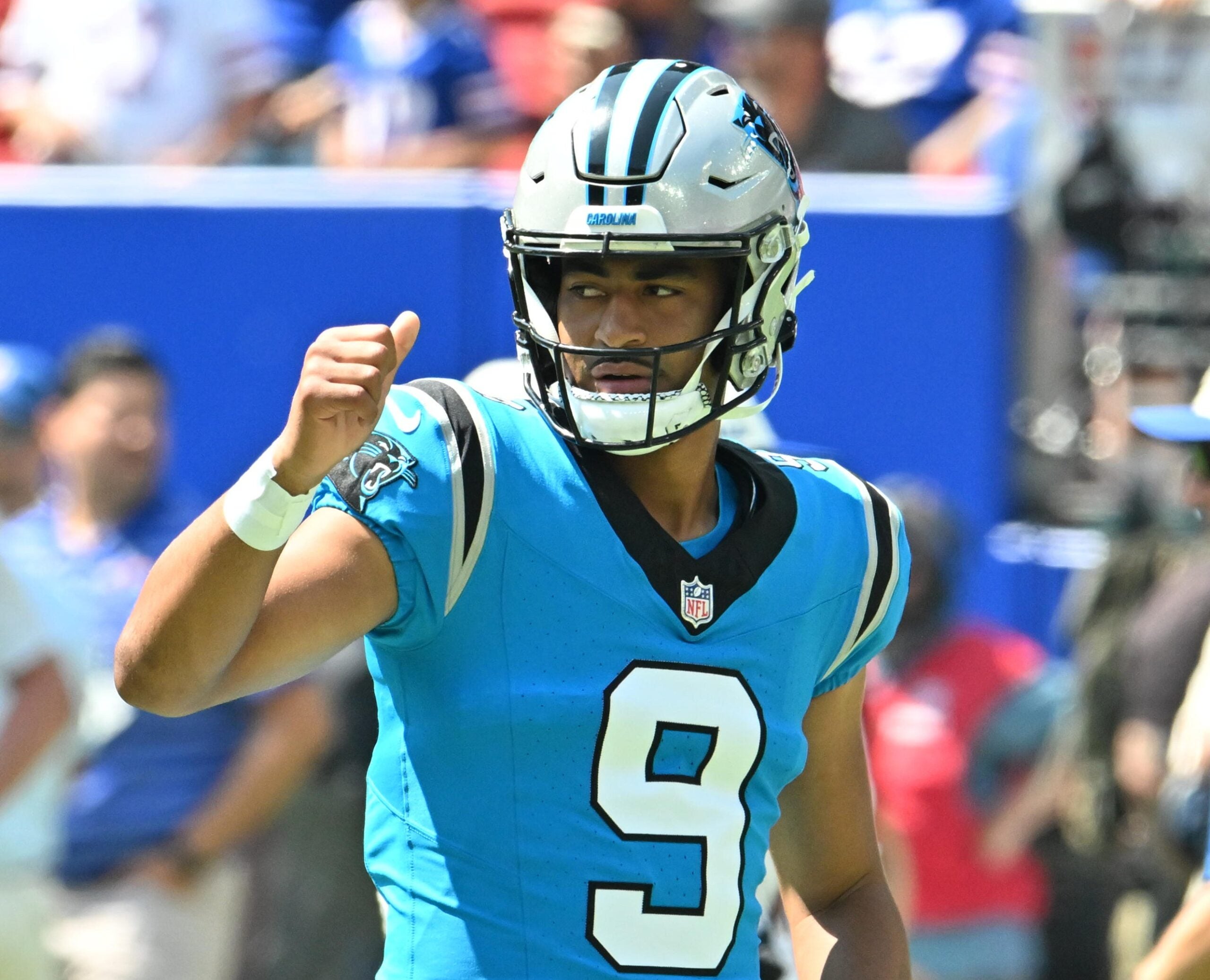 Aug 15, 2026; Orchard Park, New York, USA; Carolina Panthers quarterback Bryce Young (9) warms up before a pre-season game against the Buffalo Bills at the New Highmark Stadium.