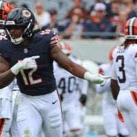 Aug 15, 2026; Chicago, Illinois, USA; Chicago Bears linebacker Devin Bush (12) reacts against the Cleveland Browns during the first half at Soldier Field.