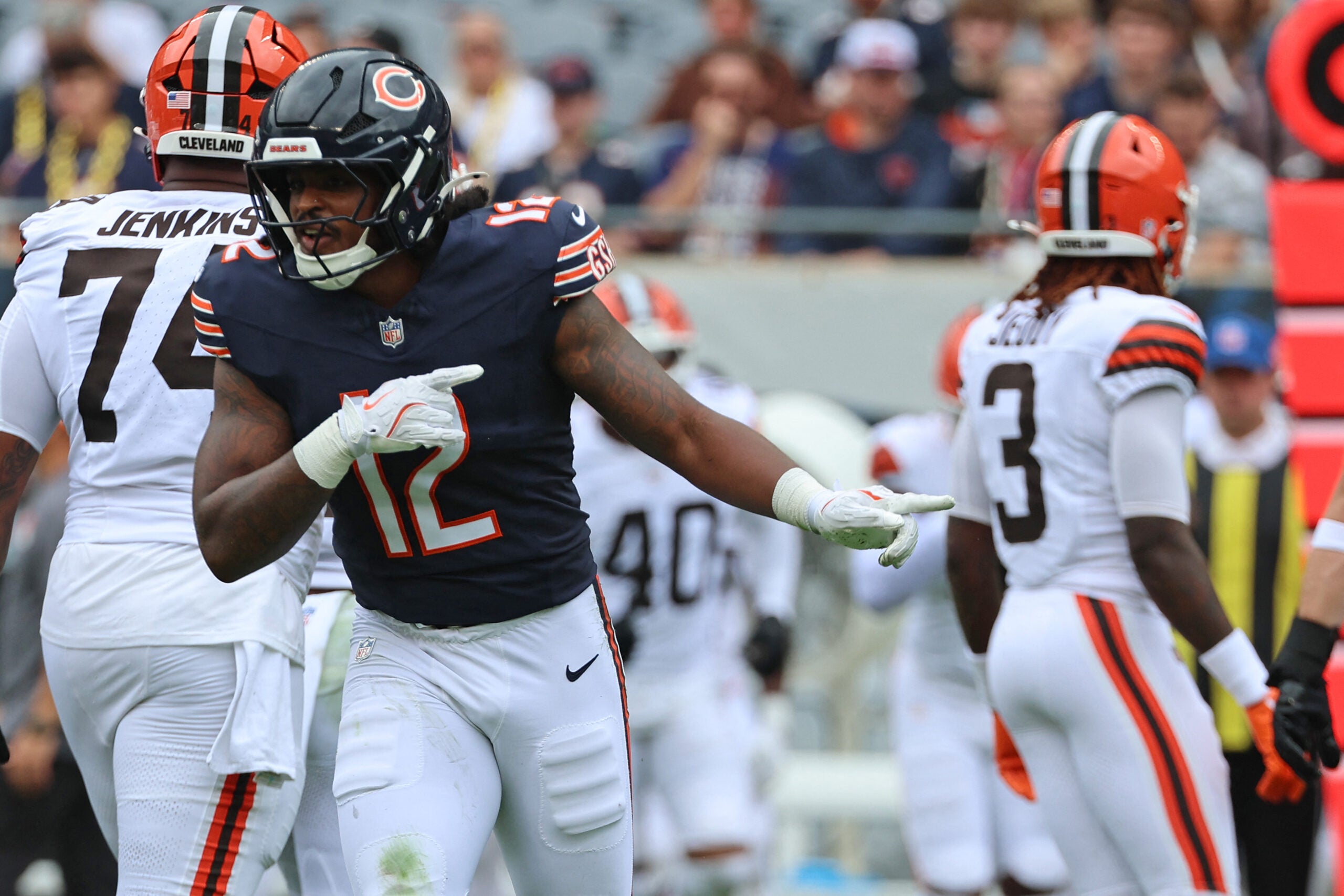 Aug 15, 2026; Chicago, Illinois, USA; Chicago Bears linebacker Devin Bush (12) reacts against the Cleveland Browns during the first half at Soldier Field.