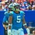 Aug 15, 2026; Orchard Park, New York, USA; Carolina Panthers linebacker Jaelan Phillips (5) watches a replay in the first quarter against the Buffalo Bills at the New Highmark Stadium.