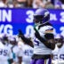 Aug 15, 2026; East Rutherford, New Jersey, USA; Minnesota Vikings linebacker Dallas Turner (15) reacts after sacking New York Giants quarterback Jaxson Dart during the first half at MetLife Stadium.