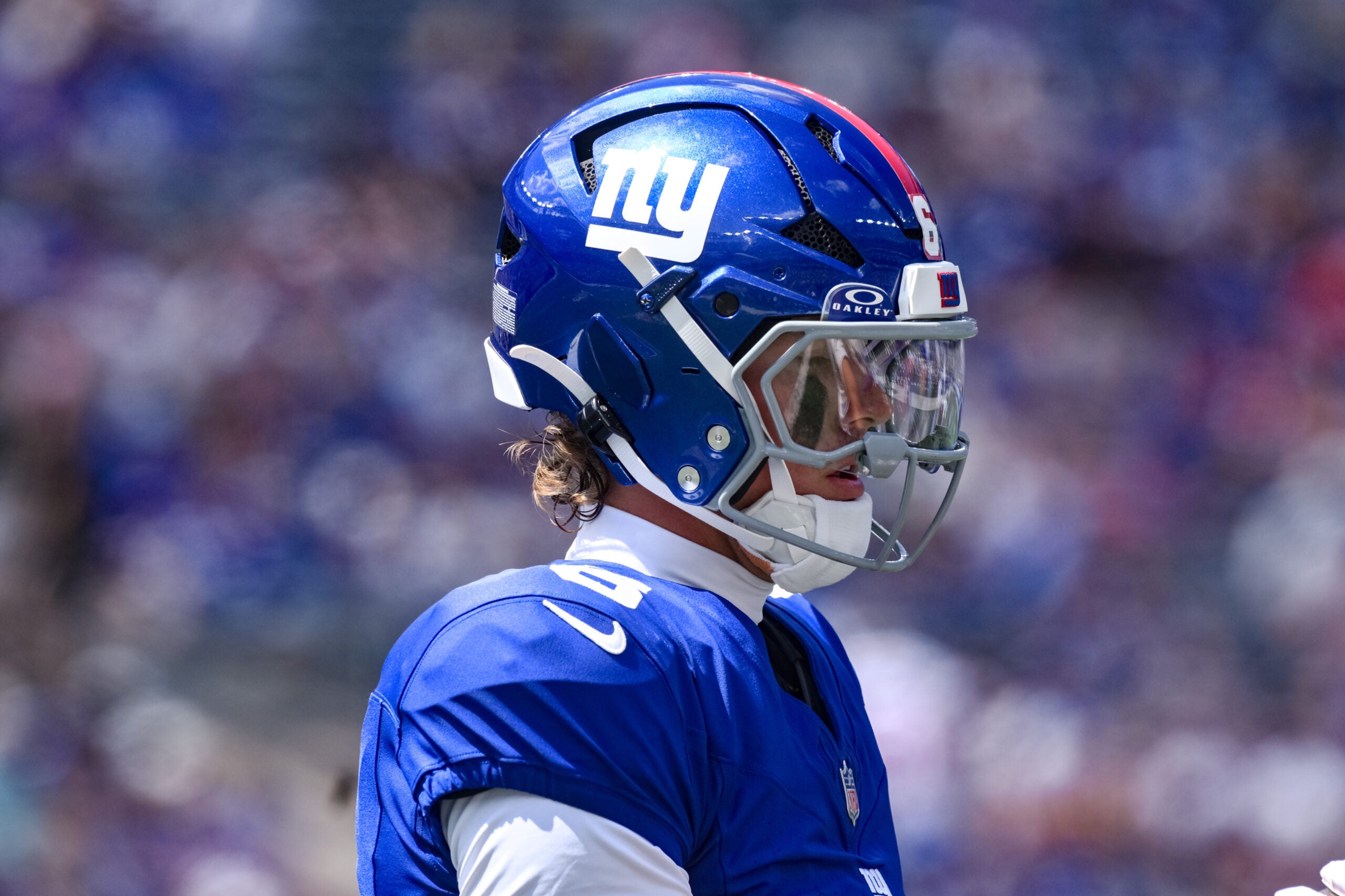 Aug 15, 2026; East Rutherford, New Jersey, USA; New York Giants quarterback Jaxson Dart (6) during the first half against the Minnesota Vikings at MetLife Stadium.