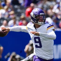 Aug 15, 2026; East Rutherford, New Jersey, USA; Minnesota Vikings quarterback J.J. McCarthy (9) throws a pass against the New York Giants during the first half at MetLife Stadium.