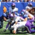 Aug 15, 2026; East Rutherford, New Jersey, USA; Minnesota Vikings running back Zavier Scott (36) is tackled by New York Giants safety Tyler Nubin (27) and defensive tackle Josh Tupou (94) during the first half at MetLife Stadium.