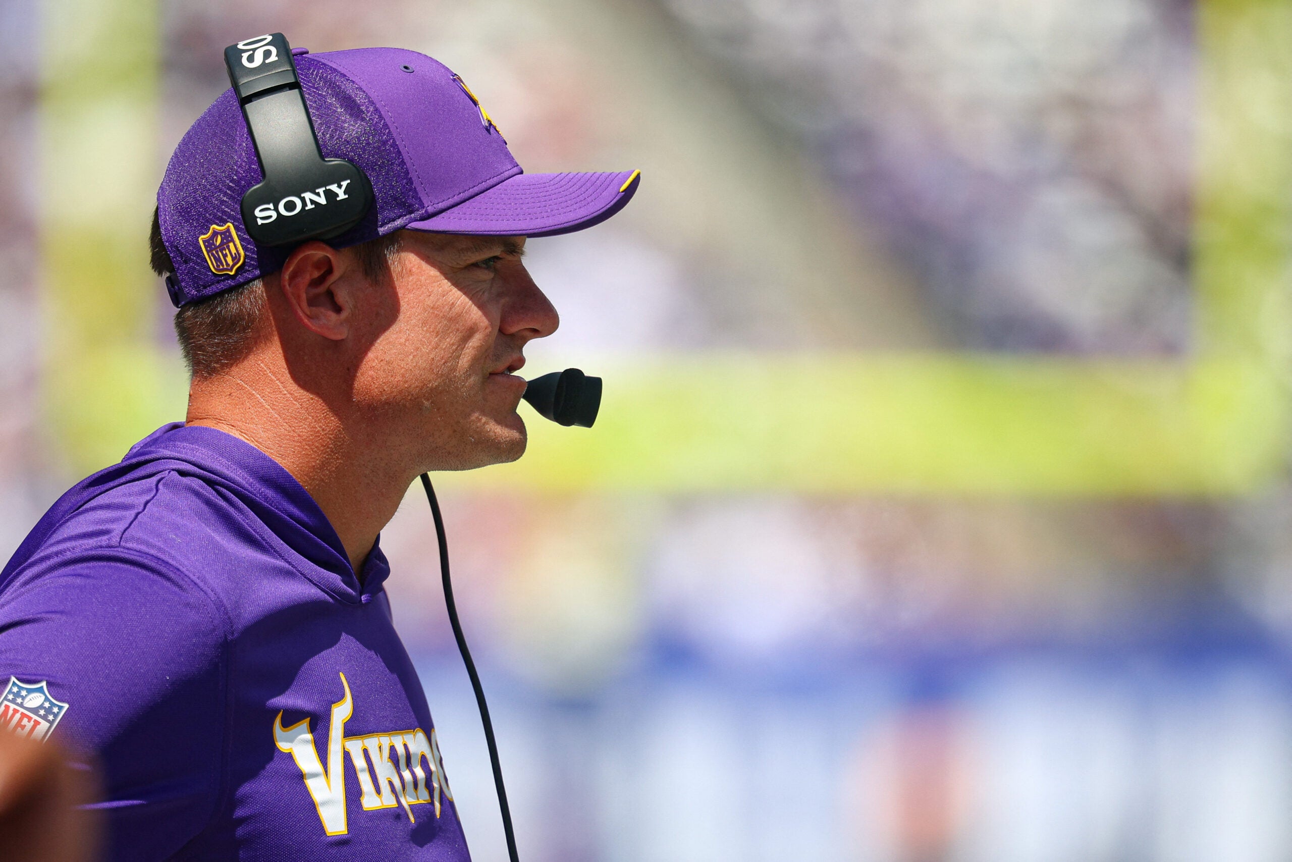 Aug 15, 2026; East Rutherford, New Jersey, USA; Minnesota Vikings head coach Kevin O'Connell looks on during the first half against the New York Giants at MetLife Stadium.