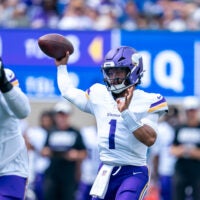 Minnesota Vikings quarterback Kyler Murray (1) throws a pass during a preseason opening game between the New York Giants and Minnesota Vikings on Saturday, Aug. 15, 2026, at MetLife Stadium in East Rutherford, NJ.