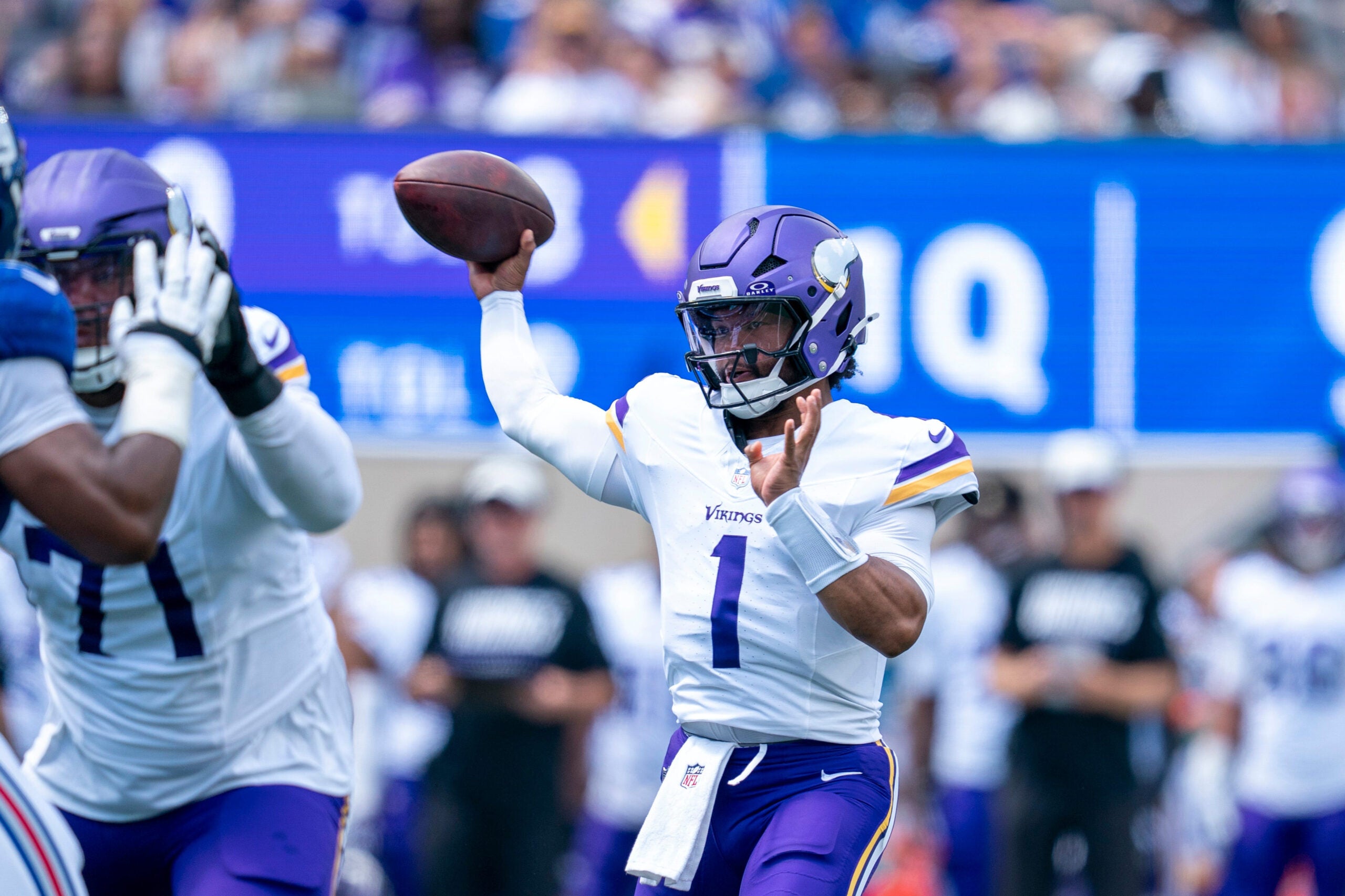 Minnesota Vikings quarterback Kyler Murray (1) throws a pass during a preseason opening game between the New York Giants and Minnesota Vikings on Saturday, Aug. 15, 2026, at MetLife Stadium in East Rutherford, NJ.