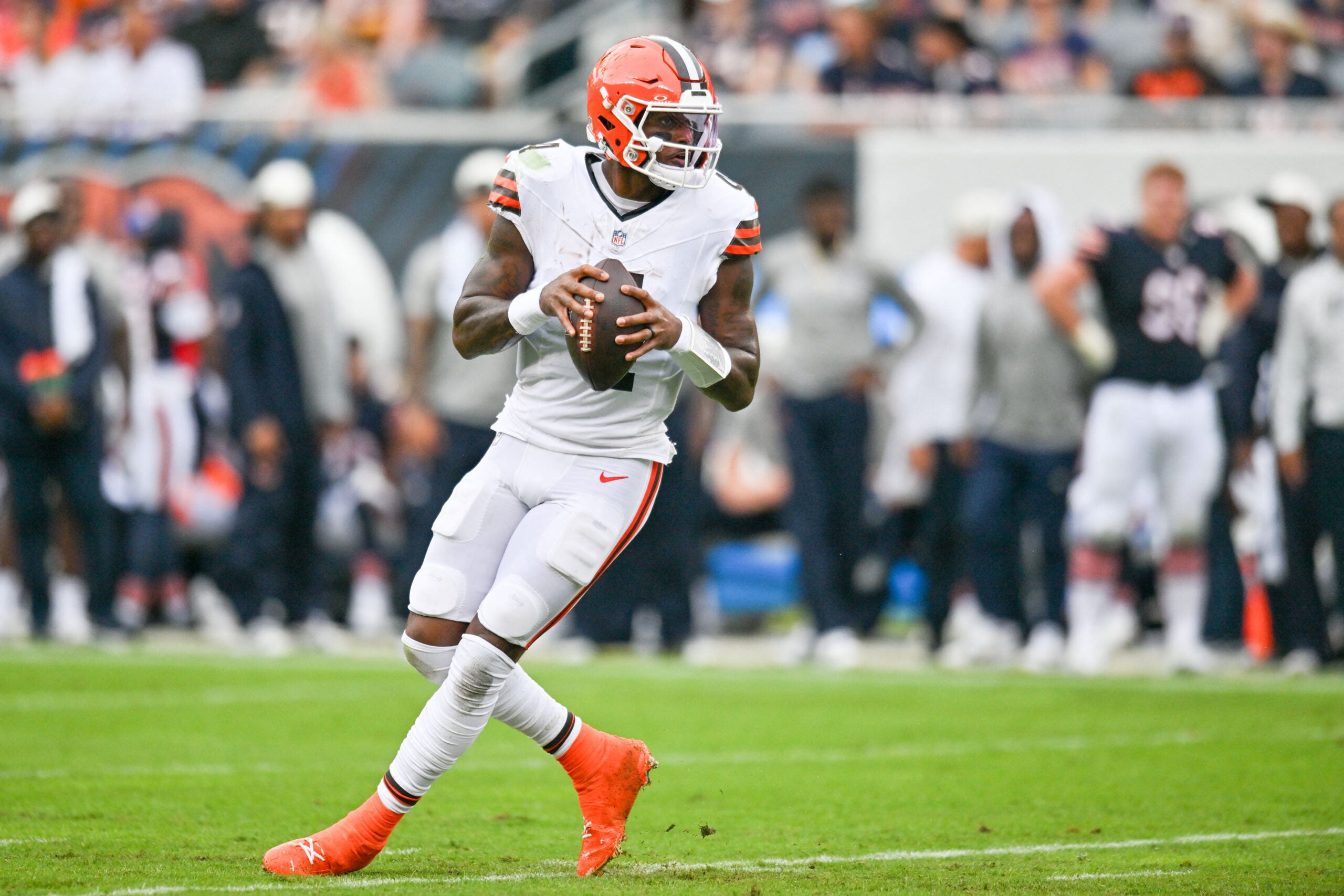 Aug 15, 2026; Chicago, Illinois, USA; Cleveland Browns quarterback Deshaun Watson (4) looks to pass the ball against the Chicago Bears during the first half at Soldier Field.