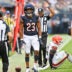 Aug 15, 2026; Chicago, Illinois, USA; Chicago Bears running back Roschon Johnson (23) reacts after gaining a first down against the Cleveland Browns during the first half at Soldier Field.