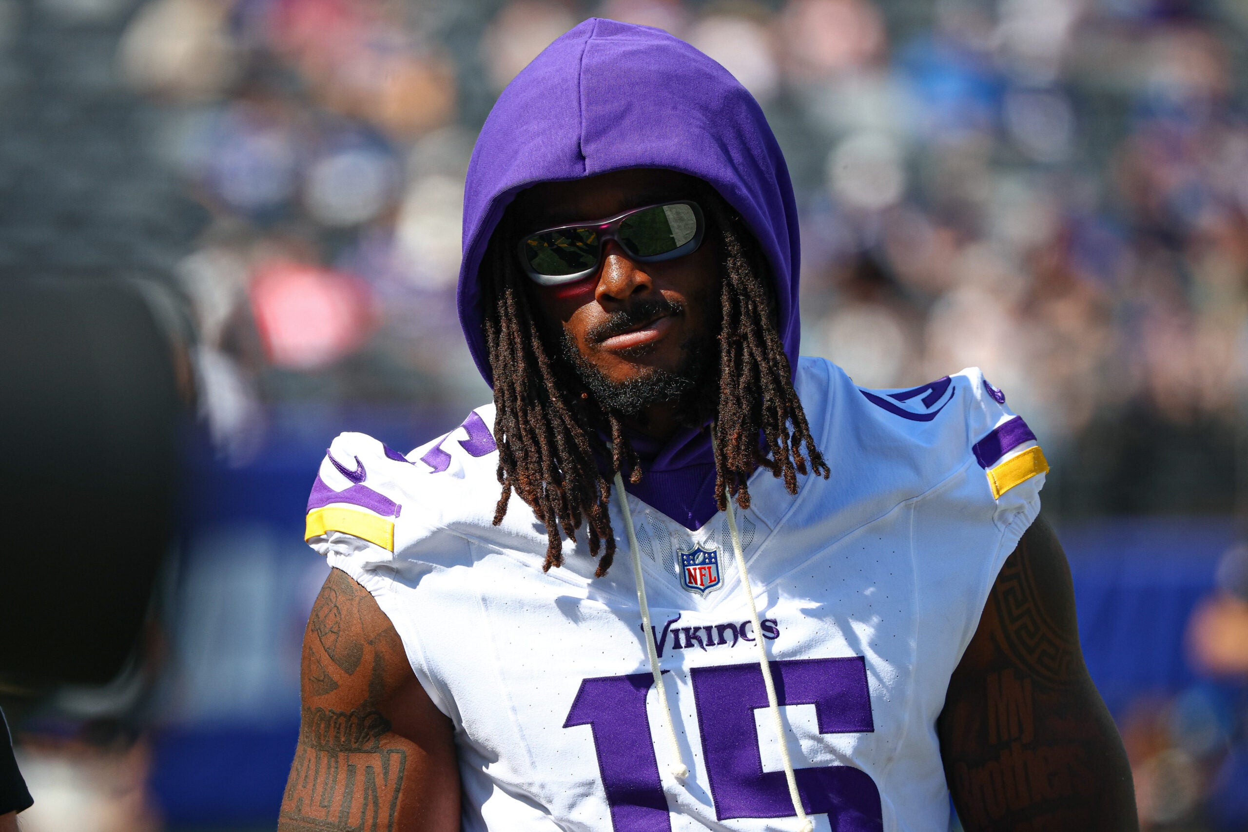 Aug 15, 2026; East Rutherford, New Jersey, USA; Minnesota Vikings linebacker Dallas Turner (15) looks on during the second half against the New York Giants at MetLife Stadium.