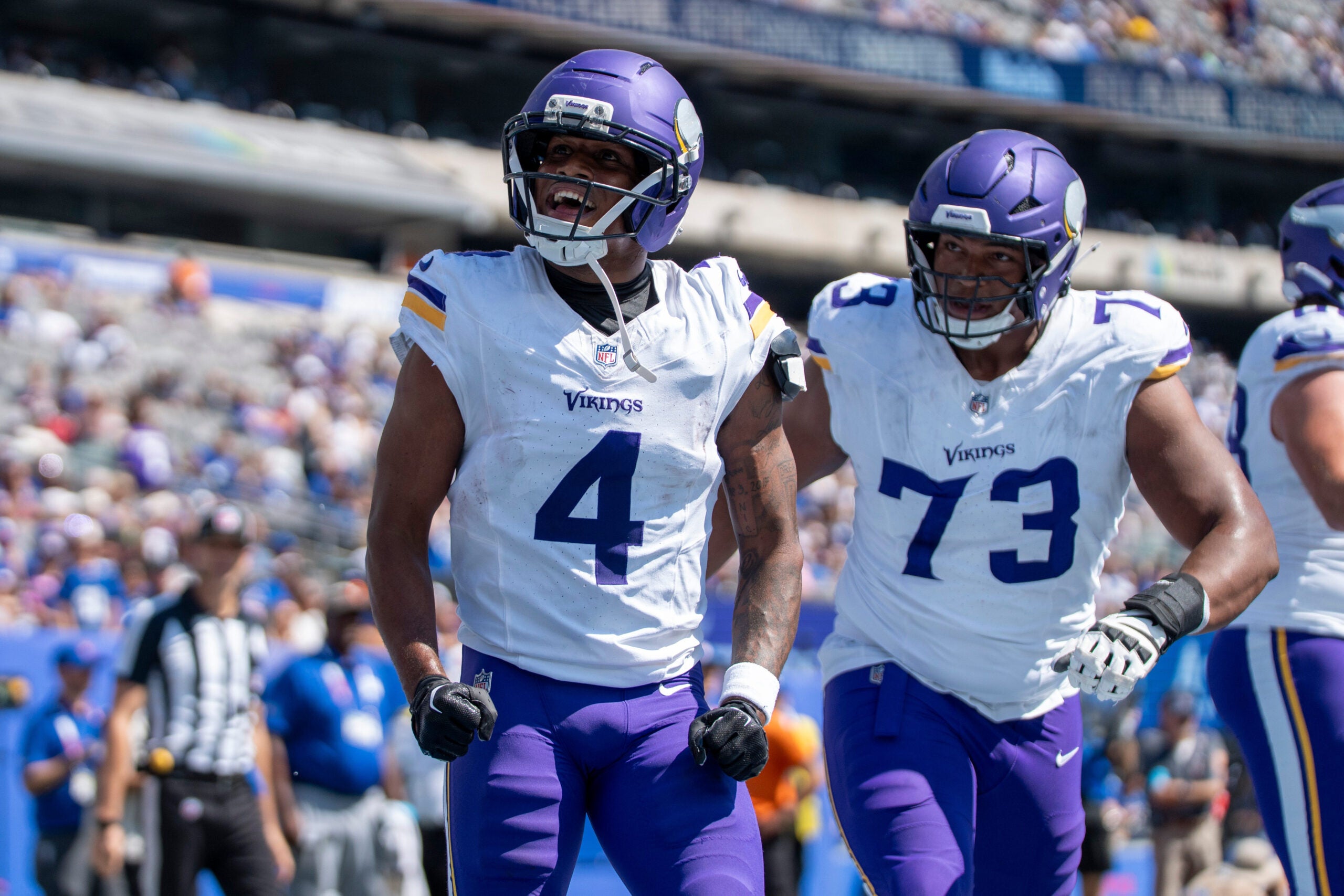 Minnesota Vikings wide receiver Myles Price (4) celebrates after scoring a touchdown during a preseason opening game between the New York Giants and Minnesota Vikings on Saturday, Aug. 15, 2026, at MetLife Stadium in East Rutherford, NJ.