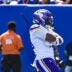 Aug 15, 2026; East Rutherford, New Jersey, USA; Minnesota Vikings linebacker Jacob Roberts (48) reacts after intercepting a pass against the New York Giants during the first half at MetLife Stadium.