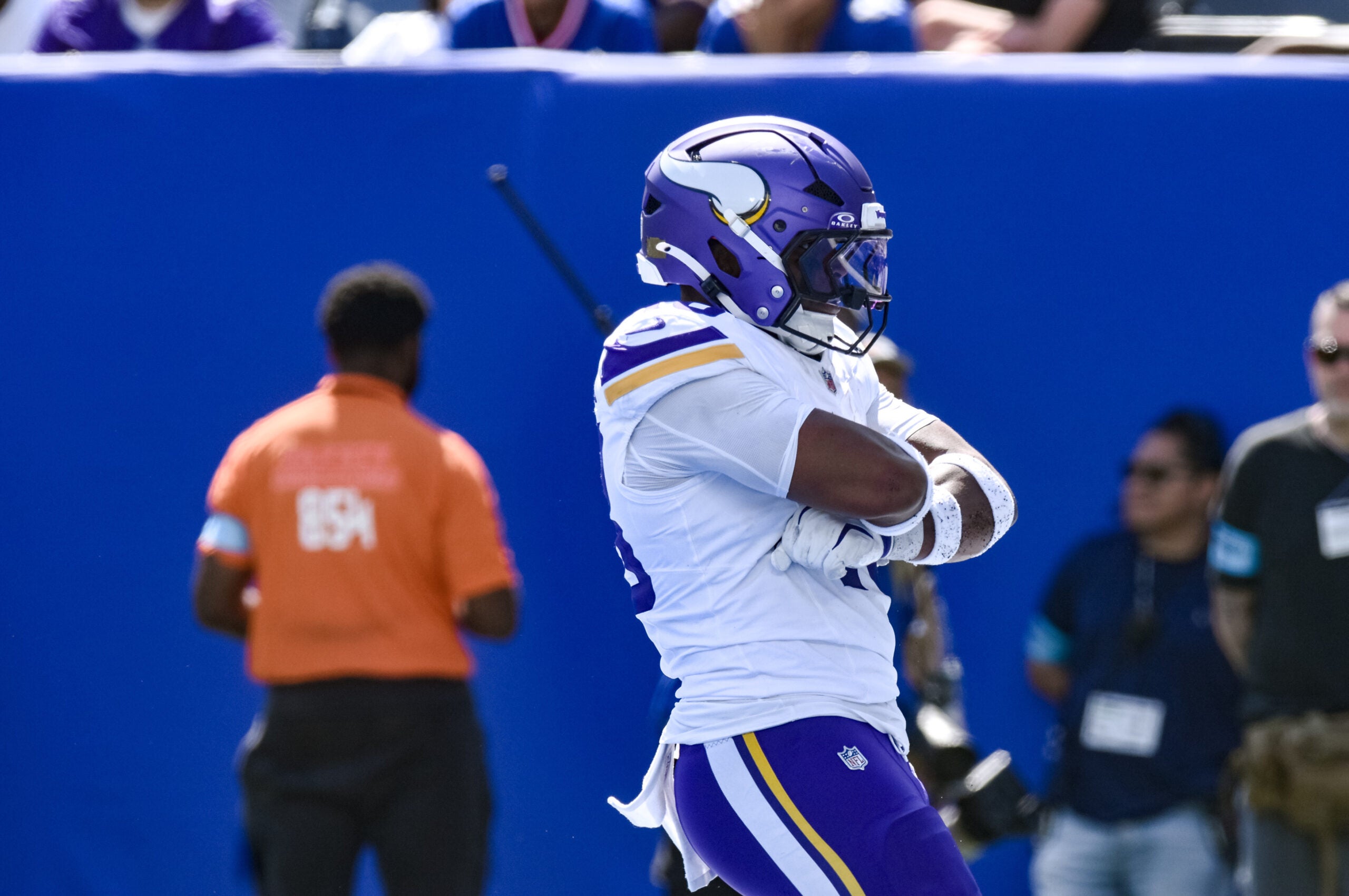 Aug 15, 2026; East Rutherford, New Jersey, USA; Minnesota Vikings linebacker Jacob Roberts (48) reacts after intercepting a pass against the New York Giants during the first half at MetLife Stadium.