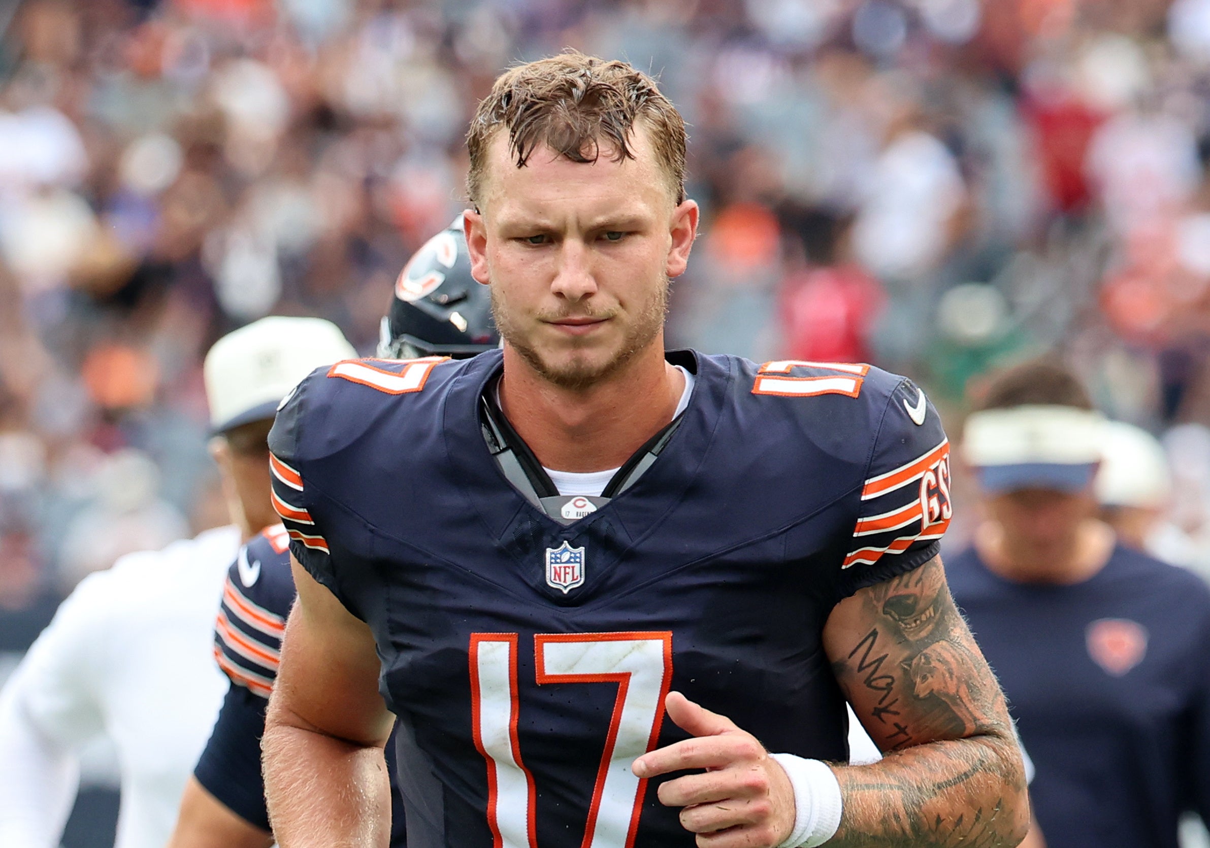Aug 15, 2026; Chicago, Illinois, USA; Chicago Bears quarterback Tyson Bagent (17) during the first half at Soldier Field.