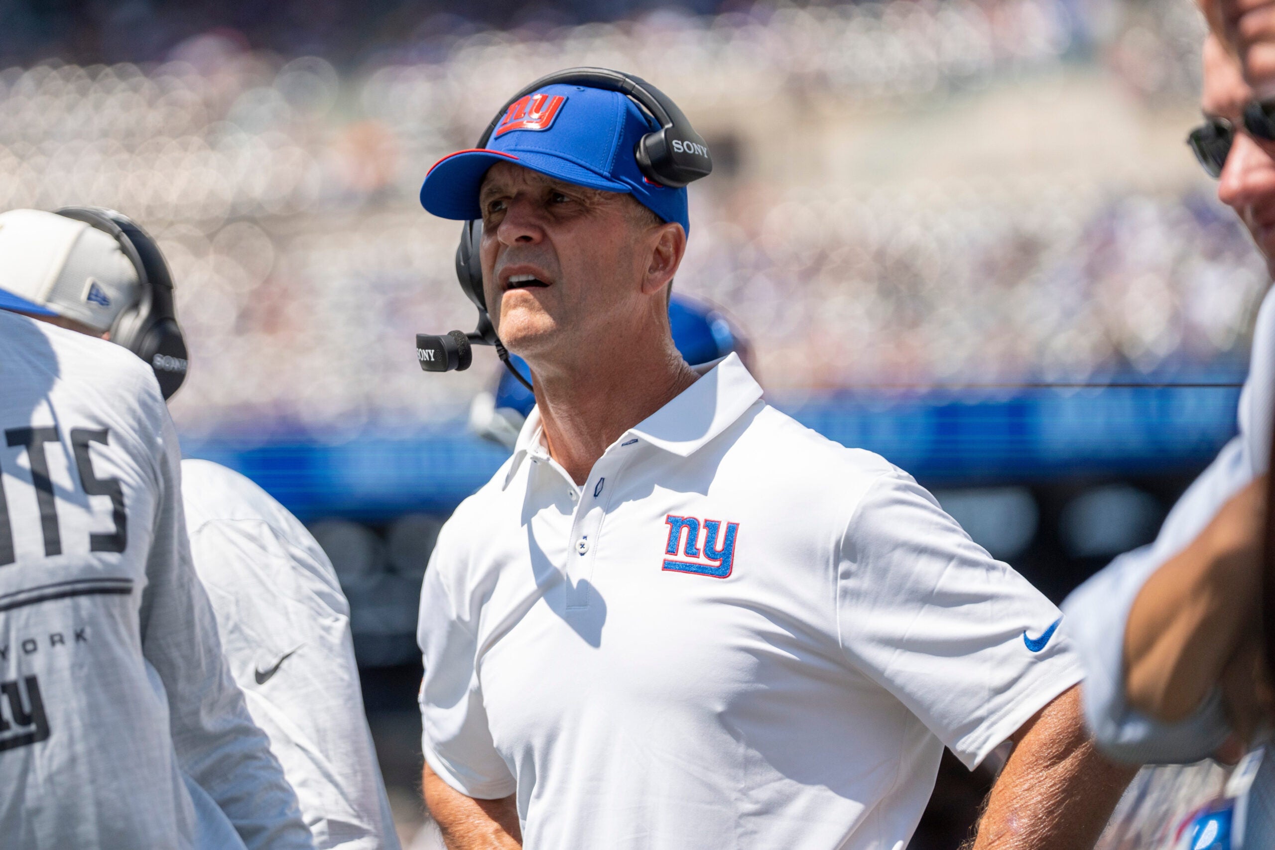 New York Giants head coach John Harbaugh watches from the sidelines during a preseason opening game between the New York Giants and Minnesota Vikings on Saturday, Aug. 15, 2026, at MetLife Stadium in East Rutherford, NJ.