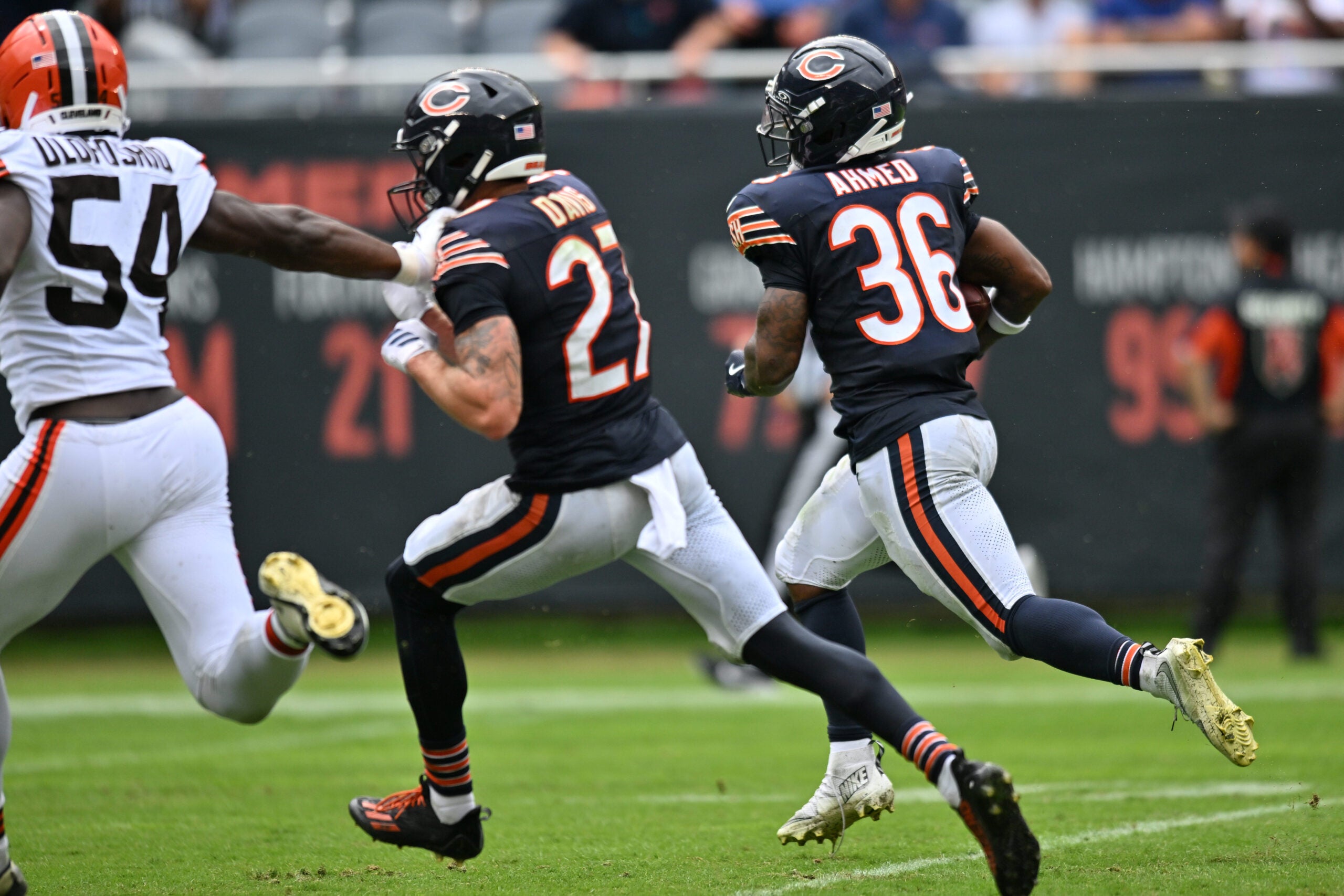 Aug 15, 2026; Chicago, Illinois, USA; Chicago Bears running back Salvon Ahmed (36) runs the ball in for a touchdown against the Cleveland Browns during the second half at Soldier Field.
