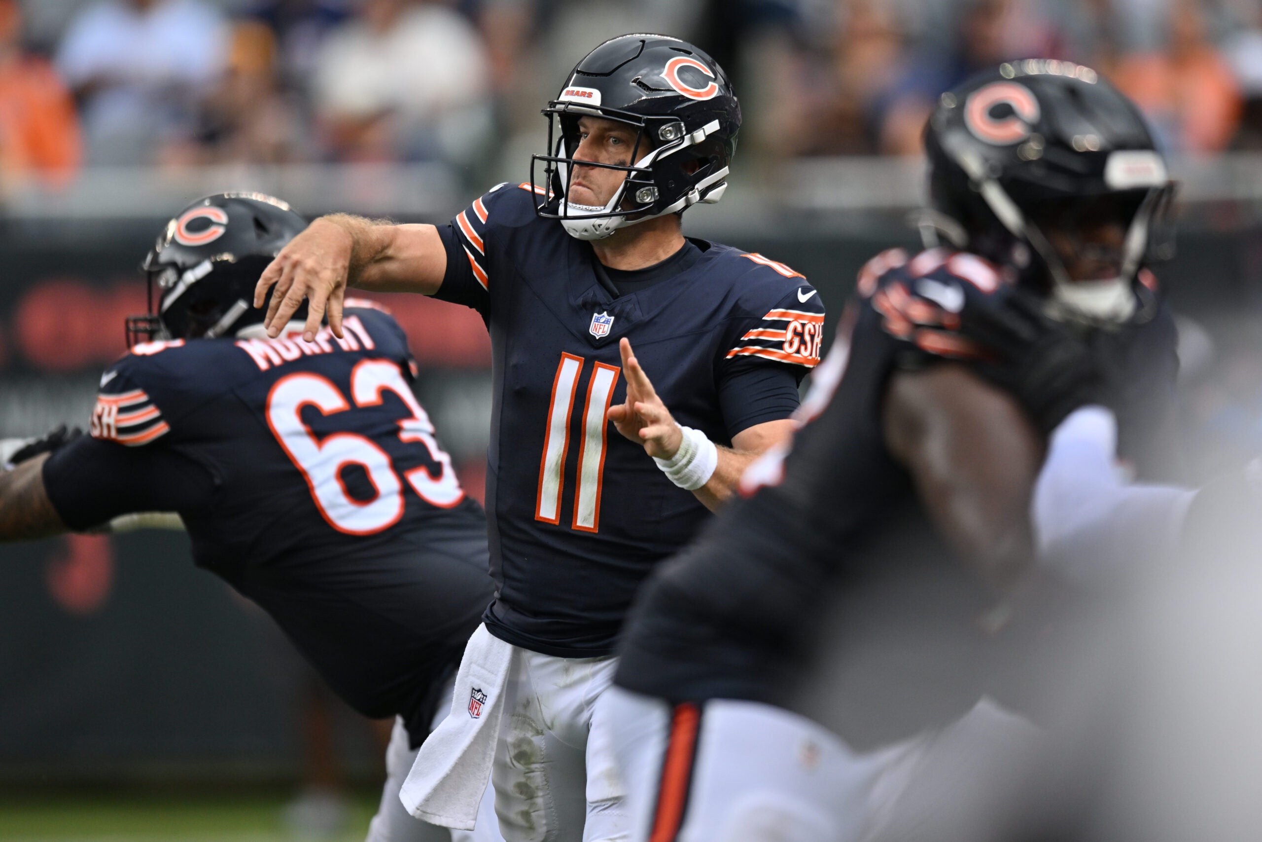 Aug 15, 2026; Chicago, Illinois, USA; Chicago Bears quarterback Case Keenum (11) passes the ball against the Cleveland Browns during the second half at Soldier Field.
