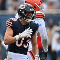 Aug 15, 2026; Chicago, Illinois, USA; Chicago Bears wide receiver Jp Richardson (83) reacts after a gain of yardage against the Cleveland Browns during the second half at Soldier Field.