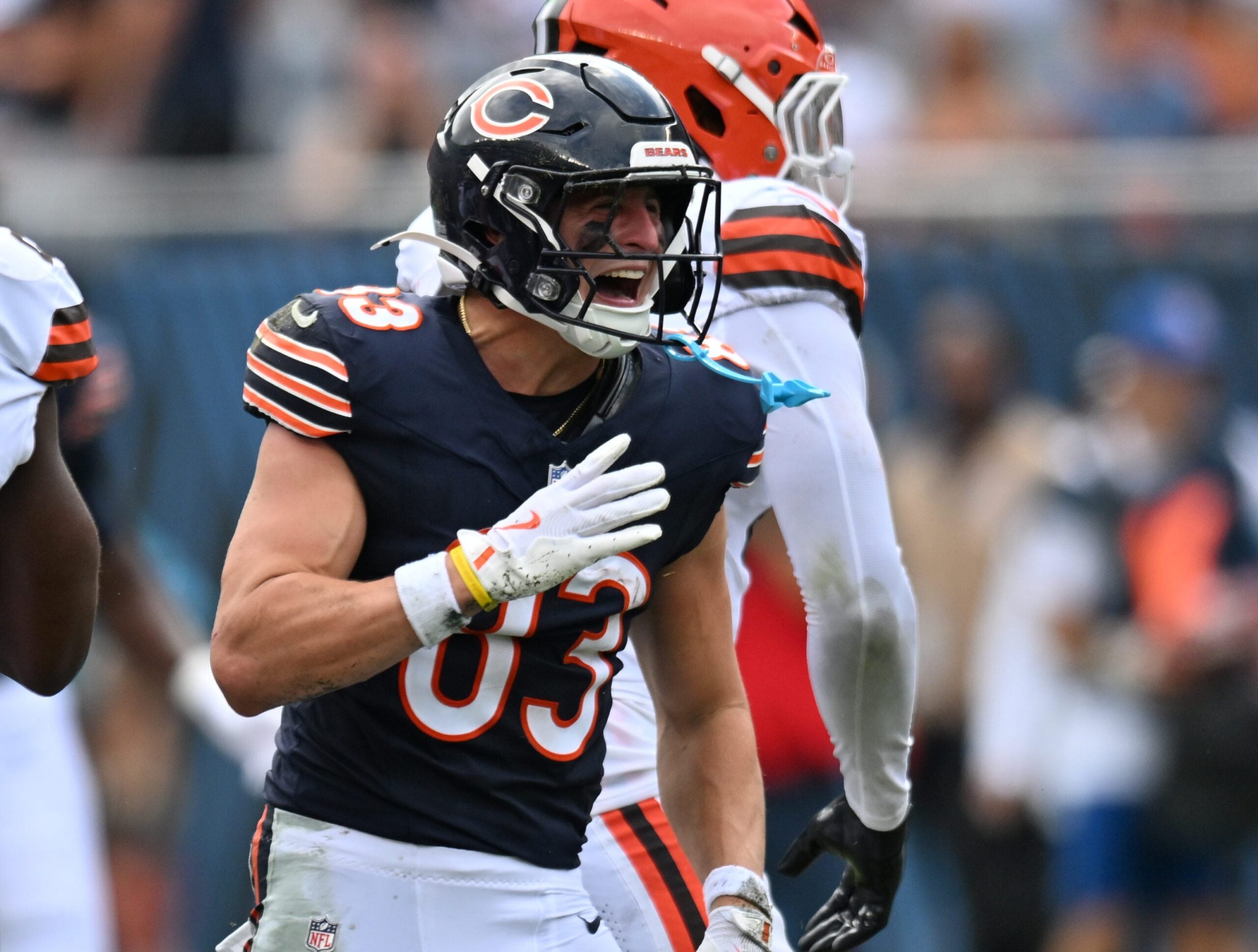 Aug 15, 2026; Chicago, Illinois, USA; Chicago Bears wide receiver Jp Richardson (83) reacts after a gain of yardage against the Cleveland Browns during the second half at Soldier Field.