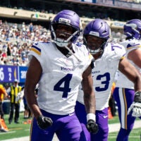 Aug 15, 2026; East Rutherford, New Jersey, USA; Minnesota Vikings wide receiver Myles Price (4) reacts after scoring a touchdown against the New York Giants during the first half at MetLife Stadium.