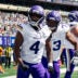 Aug 15, 2026; East Rutherford, New Jersey, USA; Minnesota Vikings wide receiver Myles Price (4) reacts after scoring a touchdown against the New York Giants during the first half at MetLife Stadium.