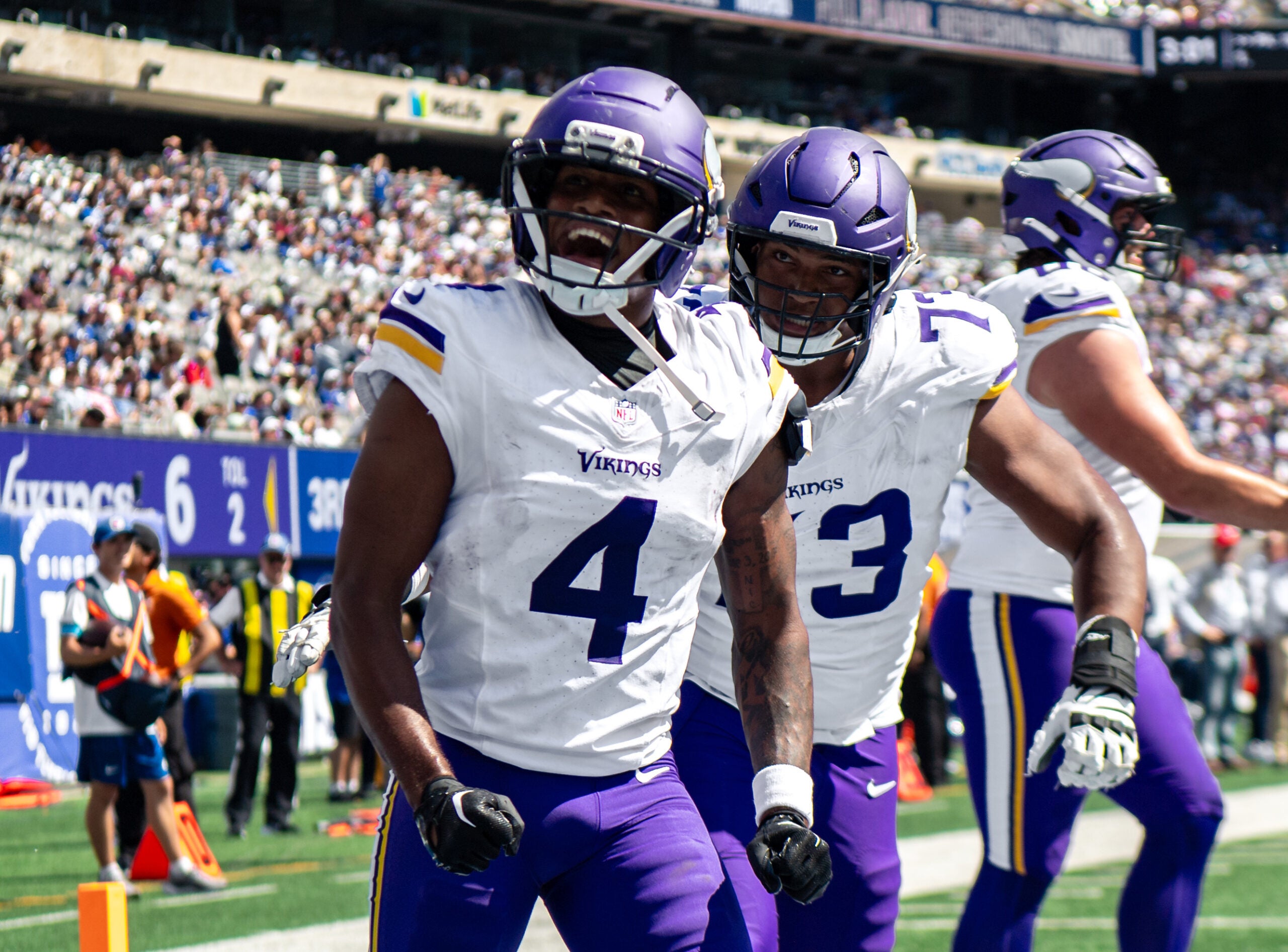Aug 15, 2026; East Rutherford, New Jersey, USA; Minnesota Vikings wide receiver Myles Price (4) reacts after scoring a touchdown against the New York Giants during the first half at MetLife Stadium.