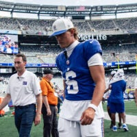 Aug 15, 2026; East Rutherford, New Jersey, USA; New York Giants quarterback Jaxson Dart (6) walks off the field after the game against the Minnesota Vikings at MetLife Stadium.