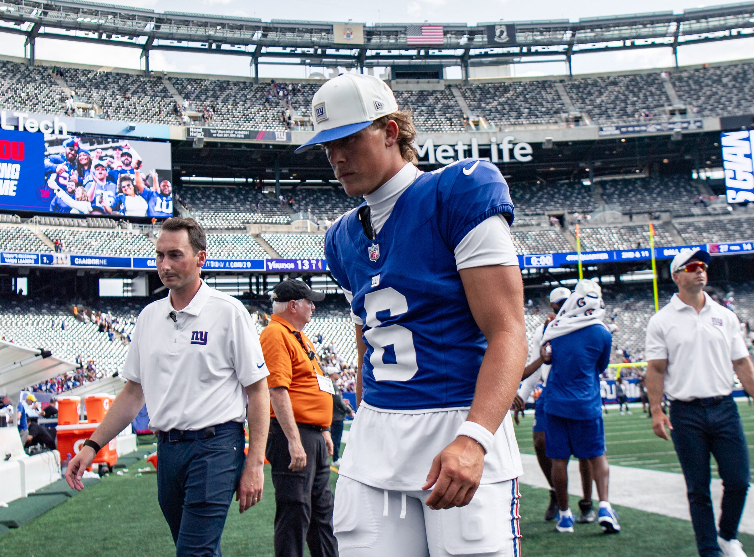Aug 15, 2026; East Rutherford, New Jersey, USA; New York Giants quarterback Jaxson Dart (6) walks off the field after the game against the Minnesota Vikings at MetLife Stadium.