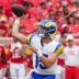 Aug 15, 2026; Kansas City, Missouri, USA; Los Angeles Rams quarterback Ty Simpson (15) throws a pass against the Kansas City Chiefs during the second half of the pre season game at Arrowhead Stadium.