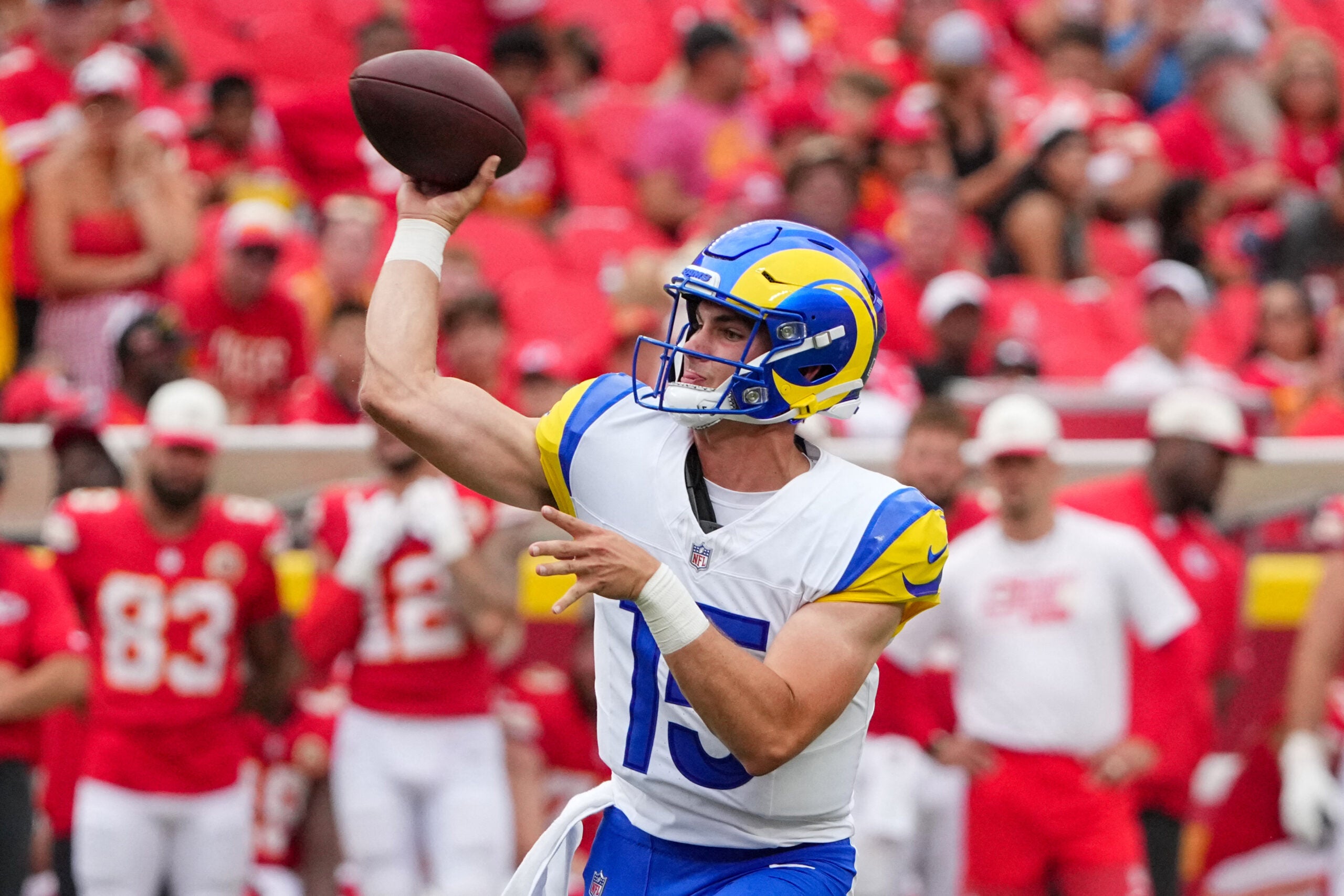 Aug 15, 2026; Kansas City, Missouri, USA; Los Angeles Rams quarterback Ty Simpson (15) throws a pass against the Kansas City Chiefs during the second half of the pre season game at Arrowhead Stadium.